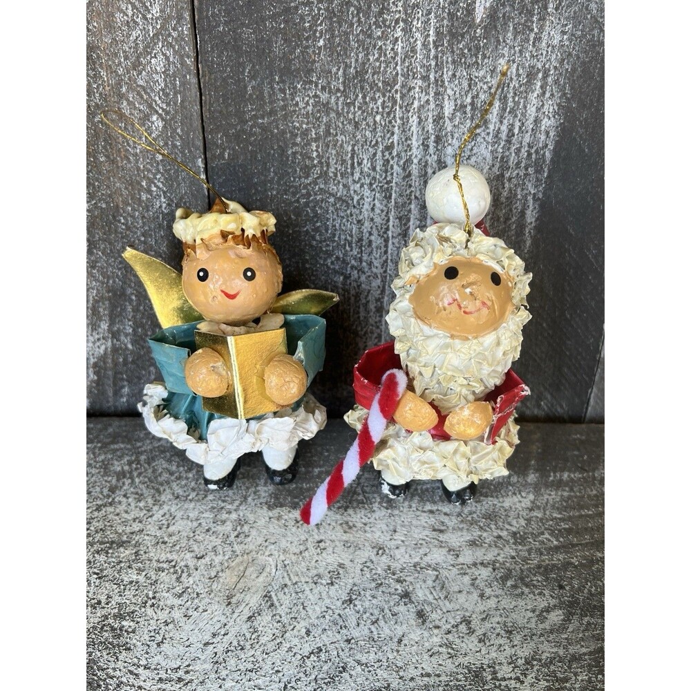 Vintage Paper Mache Christmas Ornaments Set Of 2 Angel And Santa